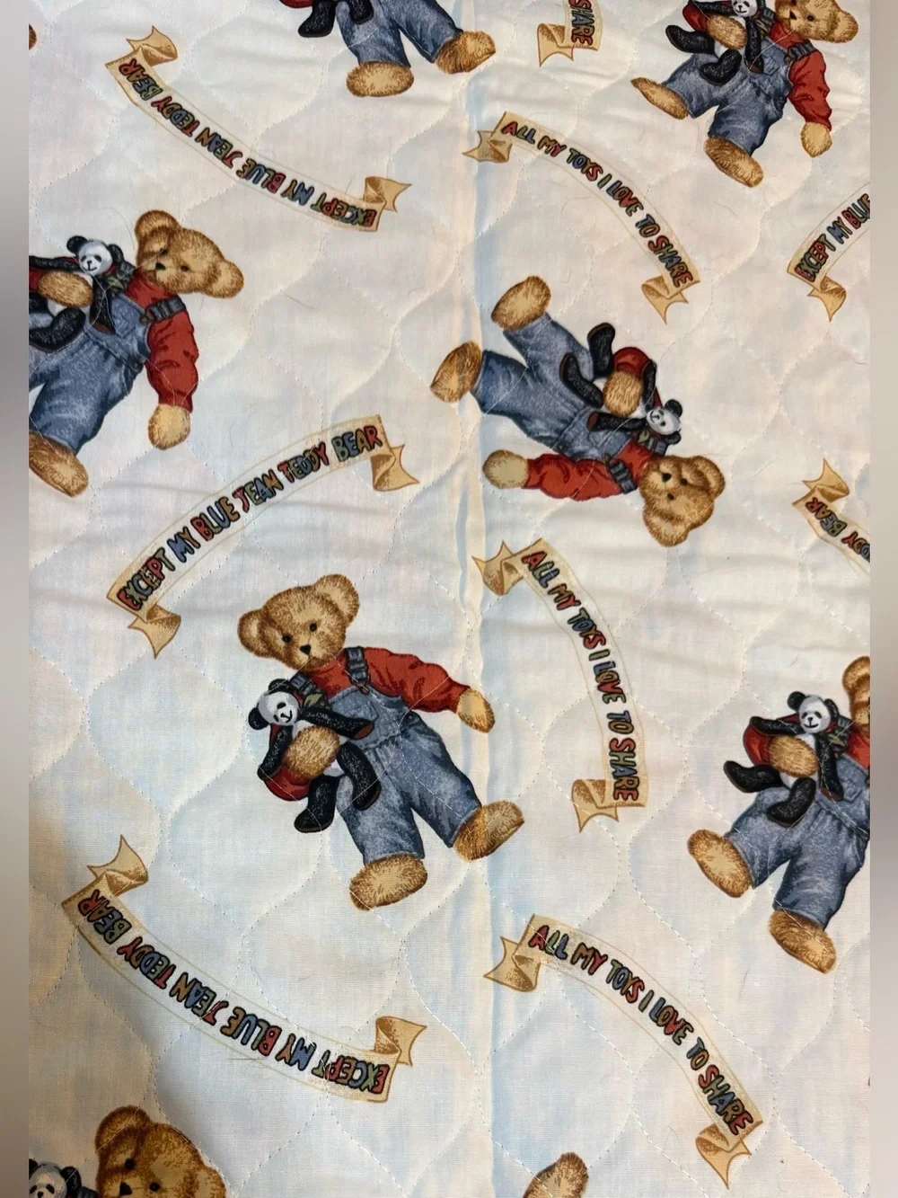 Vintage 90s Handcrafted Daisy Kingdom Blue Jean TeddyBear Baby Quilt WallHanging